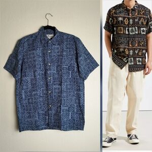 TWO PADDLES Hawaiian Shirt Button Down Men's Size M Blue Navy Geo Cruise Summer